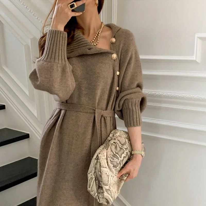 

2021 Sweater Long Sleeve Knitted Autumn Bodycon Casual Skater Dress Warm Elegant With Sashes For Women Vintage Ladies Dresses