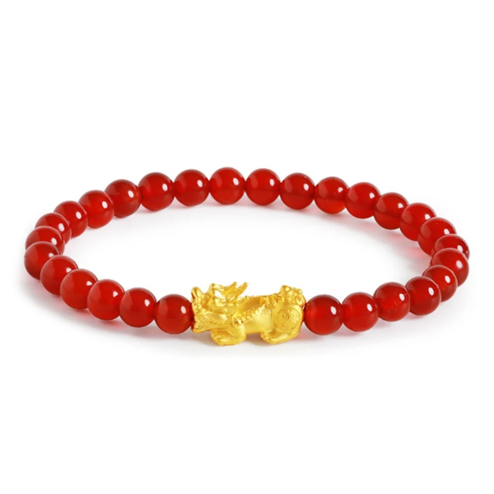 

Real 24K 999 Yellow Gold Bracelet Woman 3D Bless Pixiu Charm With 5mm Red Agate Beads Adjustable