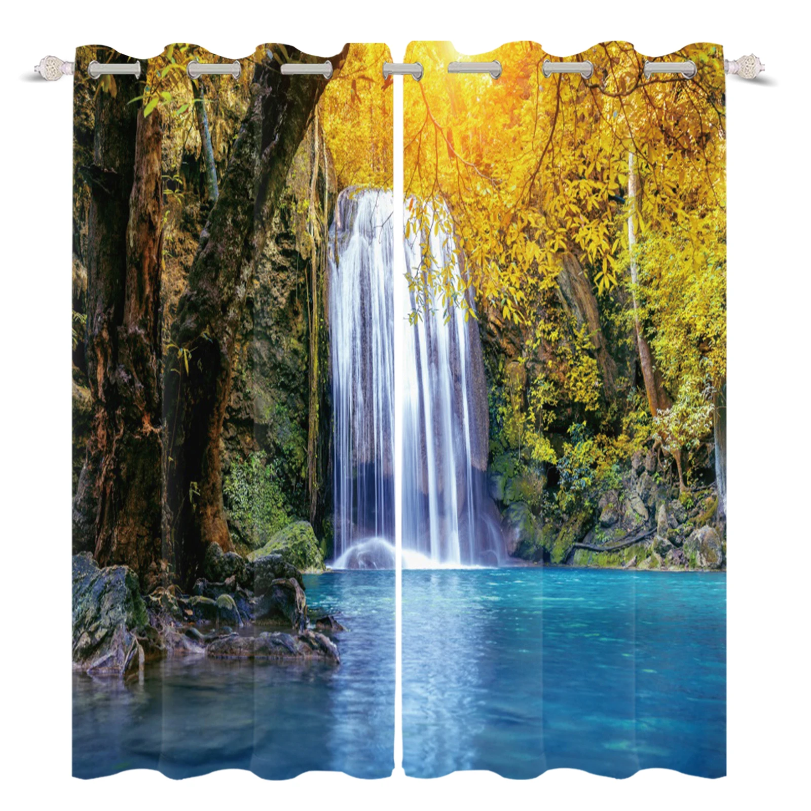 

Laeacco 3D Printing Natural Scenery Living Room Curtains Autumn Forest Waterfall Cortians Perforated Blackout Drapes Polyester