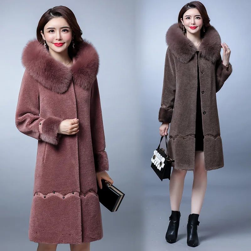 

Women Winter Sheep Sheared Coats 2019 Middle-aged Mother With Fox Fur Collar Hooded Jacket Long Female Thick Warm Overcoat W1732