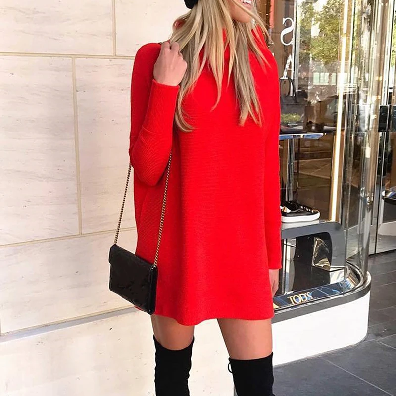 

Women Solid Turtle Neck Winter Autume Warm Knit Sweater Long Top Dress Stylish And Fashion Design Comfortable Material