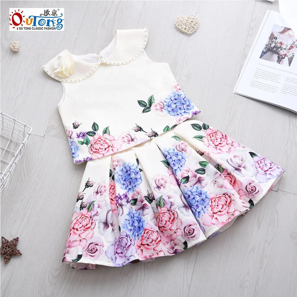 Outong-Conjuntos de vestidos para ni&ntilde;os, Camiseta con cuello vuelto, falda con estampado de flores para ni&ntilde;as de 4 a 10 a&ntilde;os, ropa informal de verano-1
