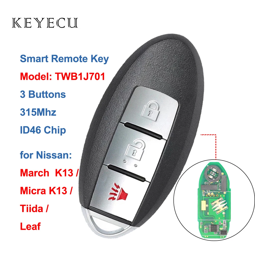 

Keyecu for Nissan Micra K13 March K13 Leaf Tiida Smart Remote Car Key Fob 3 Buttons 315MHz ID46 Chip, Model Name: TWB1J701