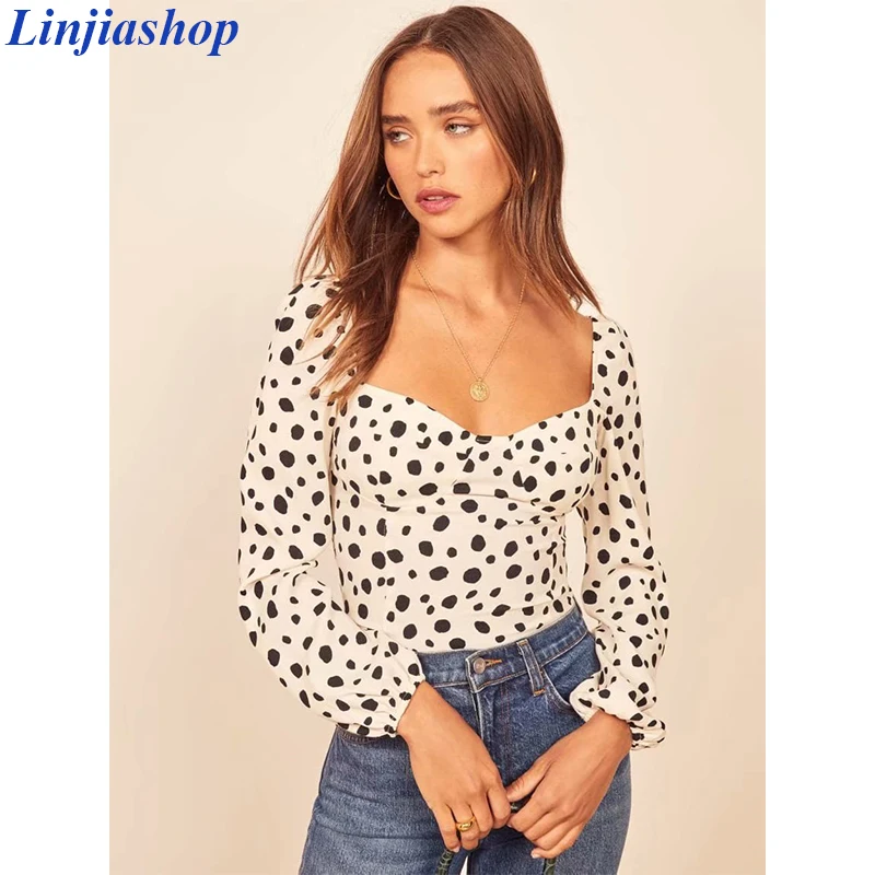 Linjiashop Ретро блузка с квадратным вырезом Женская белая леопардовая женская мода