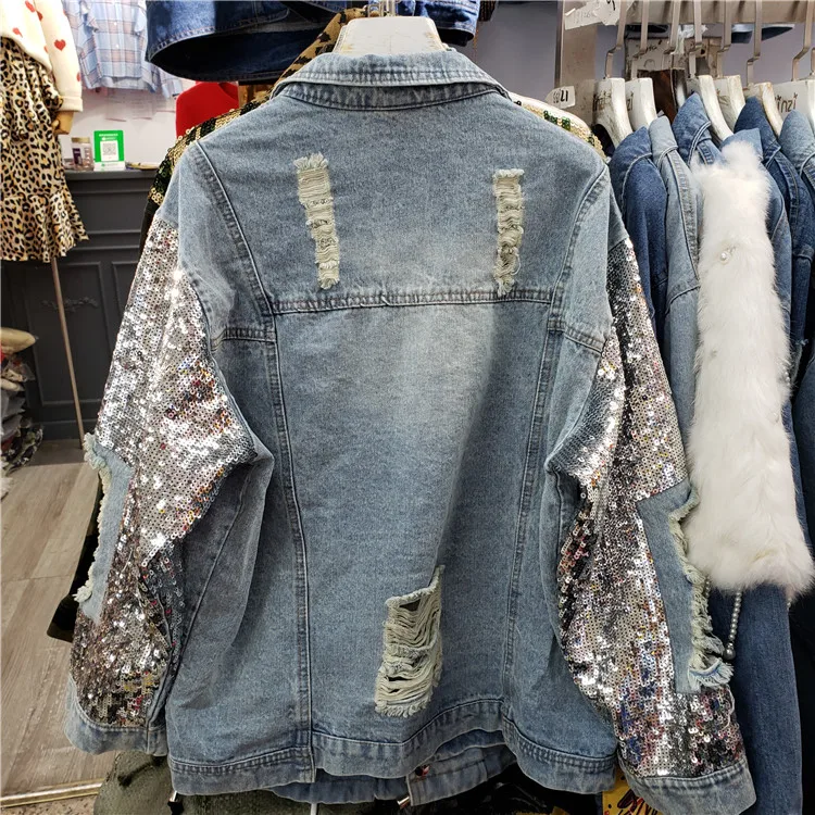Женское джинсовое пальто с блёстками свободное в стиле Харадзюку на осень