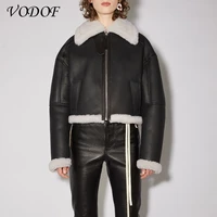 fur long sleeved loose belt warm womens jacket lamb wool winter thickened locomotive lapel female coat beige black chic pu
