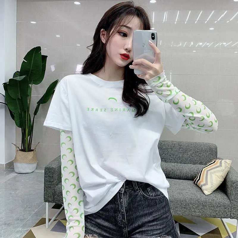 

2021 Spring Moon print stitching mesh sleeve T-shirt women's elegant two-piece top