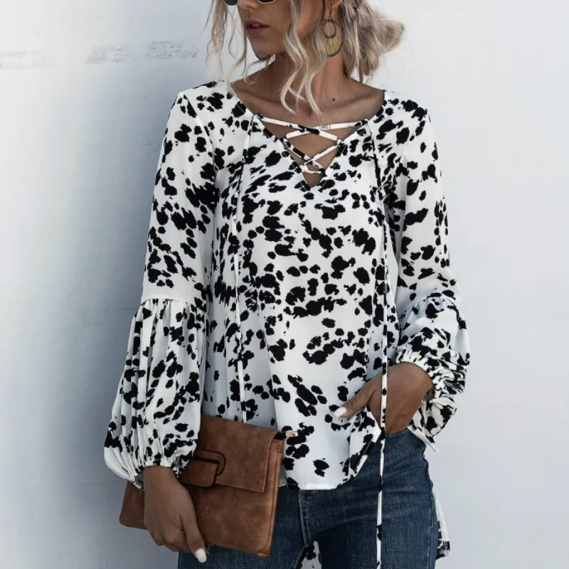 

Hot Selling V-neck Cross Lace-up Printed Split Irregular Top for Spring and Summer 2020