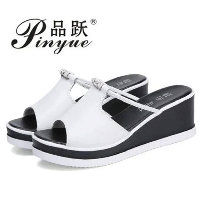 Сандалии женские на танкетке кожаные туфли с открытым носком каблуке