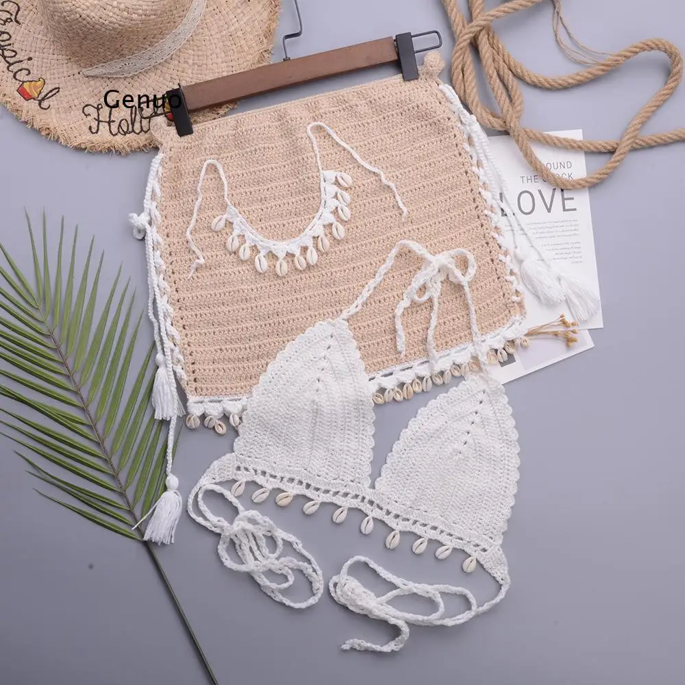 

3pcs Bikini Set Woman Crochet Shell Tassel Bikini Top And Seashell Ankle Chain Sexy Beach Skirt Lace See Through Slim Mini Skirt