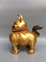 10chinese folk collection old bronze gilt unicorn statue head removal incense burner mythical beast office ornaments town house