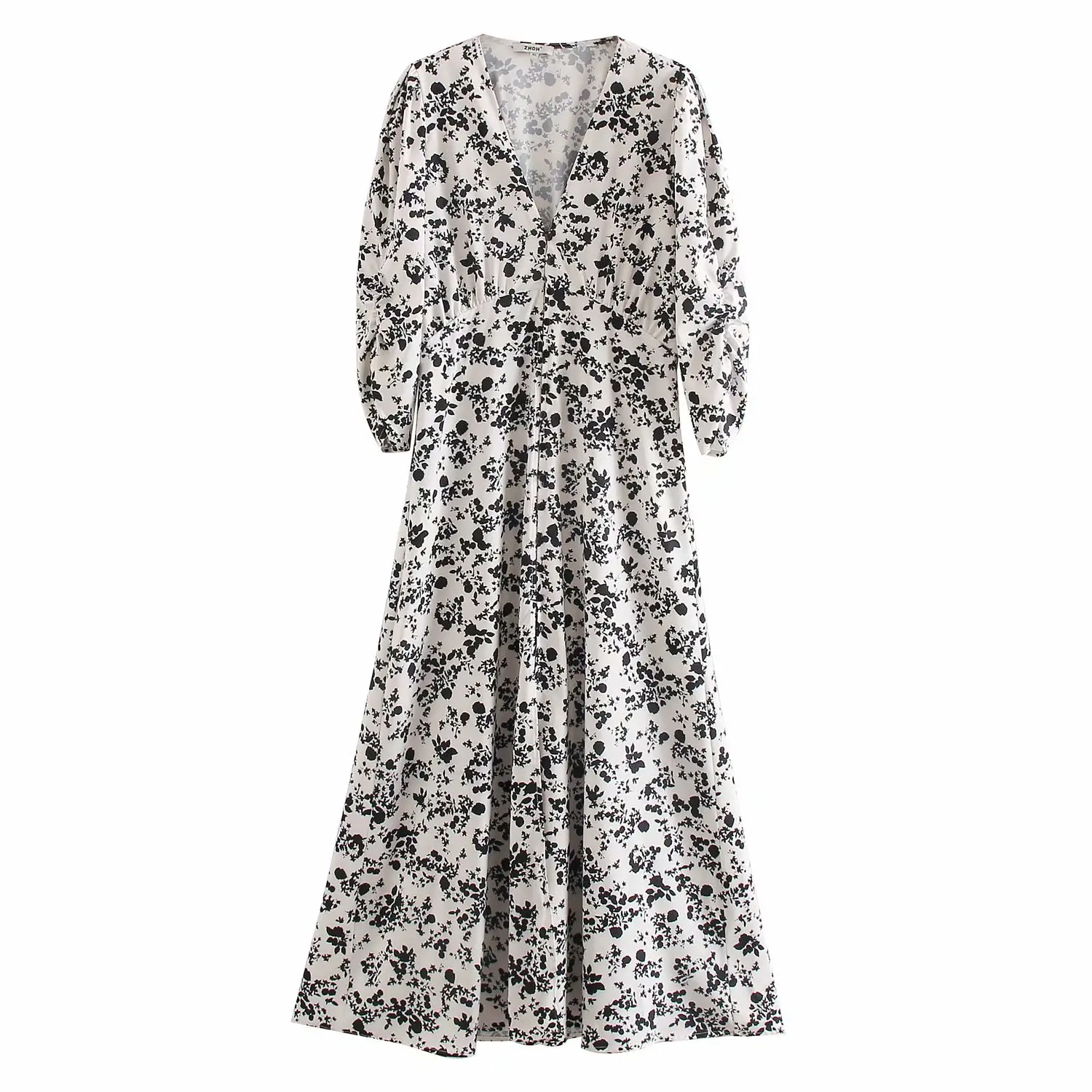 

Qeils new Women 2021 Fashion With Button Midi Shirt Dress Vintage Three Quarter Sleeve Elastic Waist Female Dresses Mujer