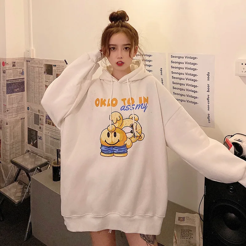 

Cartoon Bear Print Oversized Hooded Sweatshirts Long Sleeve Autumn Winter Warm Women's Pullovers Girls Harajuku Sport Hoodies