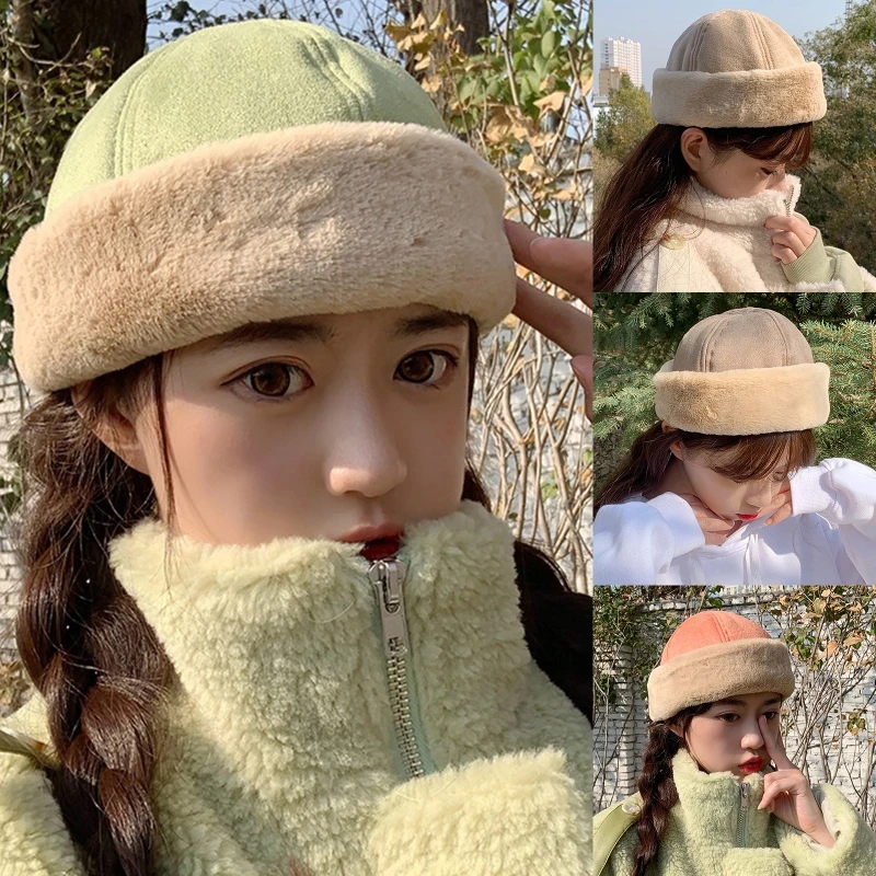 

Women Winter Warm Suede Velvet Beanie Hat Solid Color Thicken Plush Cuffed Brimless Hip Hop Landlord Docker Skull Cap
