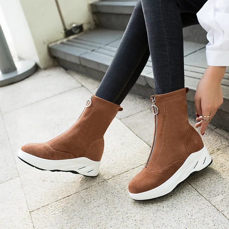 

ASUMER 2020 hot sale women ankle boots flock round toe zip autumn winter casual shoes fashion simple wedges platform boots woman