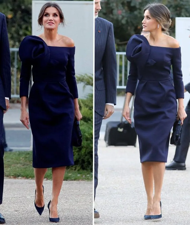

Elegant Dark Navy Satin Short Evening Dress Straight Tea Length Boat Neck Formal Evening Gowns Full Sleeve Prom Party Dresses