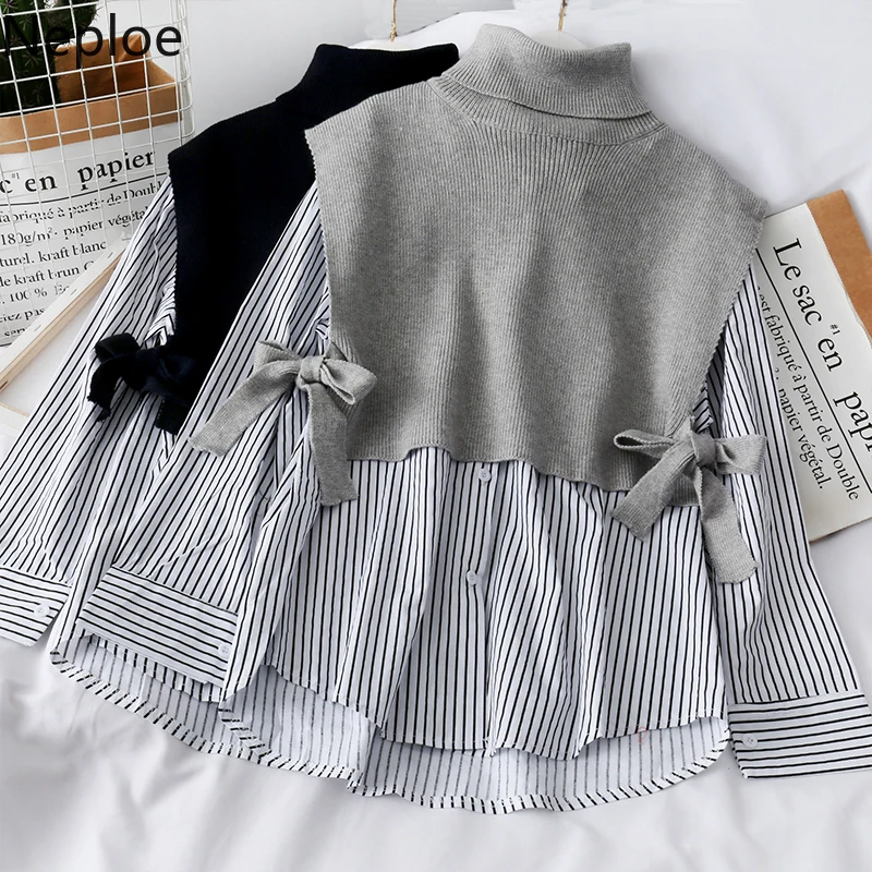 Neploe/корейский дизайн рубашка в Вертикальную Полоску модная имитация 2 предмета