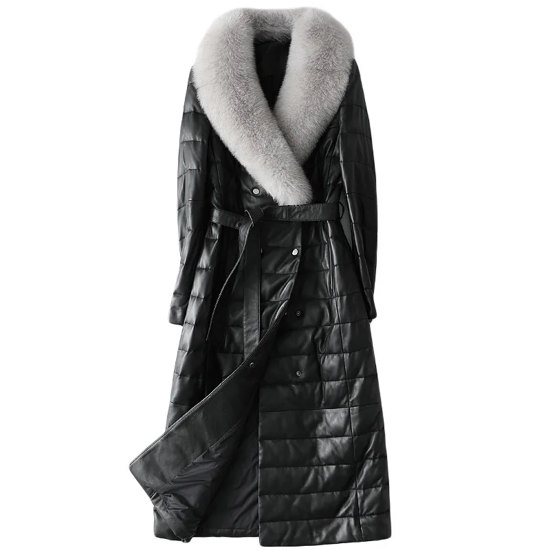 Black Real Sheepskin Jackets Womens Genuine Leather Fox Fur Collar Lady Long Down Jacket with Sashes Abrigo De Mujer Chino