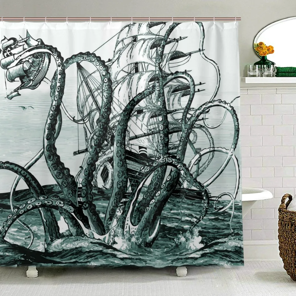 

2021 Comic 3D Print Octopus Shower Curtain Fabric Watherproof Bath Curtain 100% Polyester Curtains for Bathroom with 12 Hooks