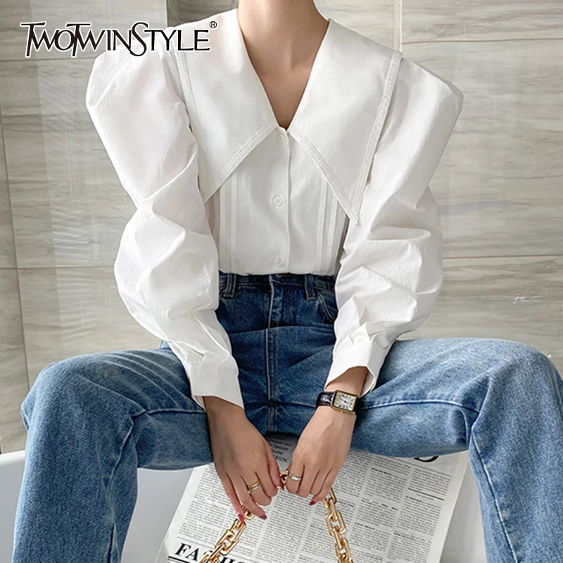 

TWOTWINSTYLE Vintage Blouse Shirts For Female Lapel Collar Puff Long Sleeve High Waist Solid Color Women's Shirt New 2021