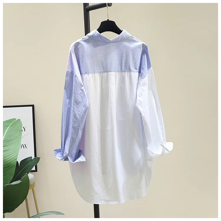 

Mixed Color Stripe Shirt Women's Mid-Length Blouse 2021 Spring Summer New Korean Style Loose Casual Long Sleeve Oversize Tops