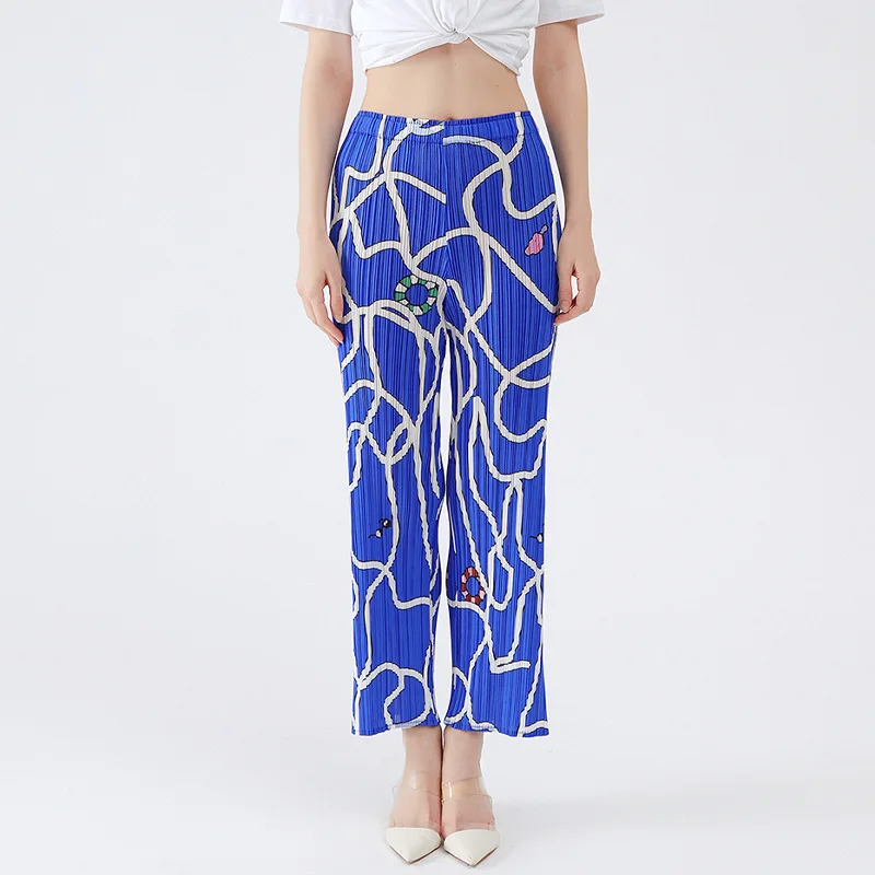 Plus Size Pants For Women 45-75kg 2021 Spring Lines Print Stretchable Loose Miyake Pleated Casual Straight Trousers Full Length