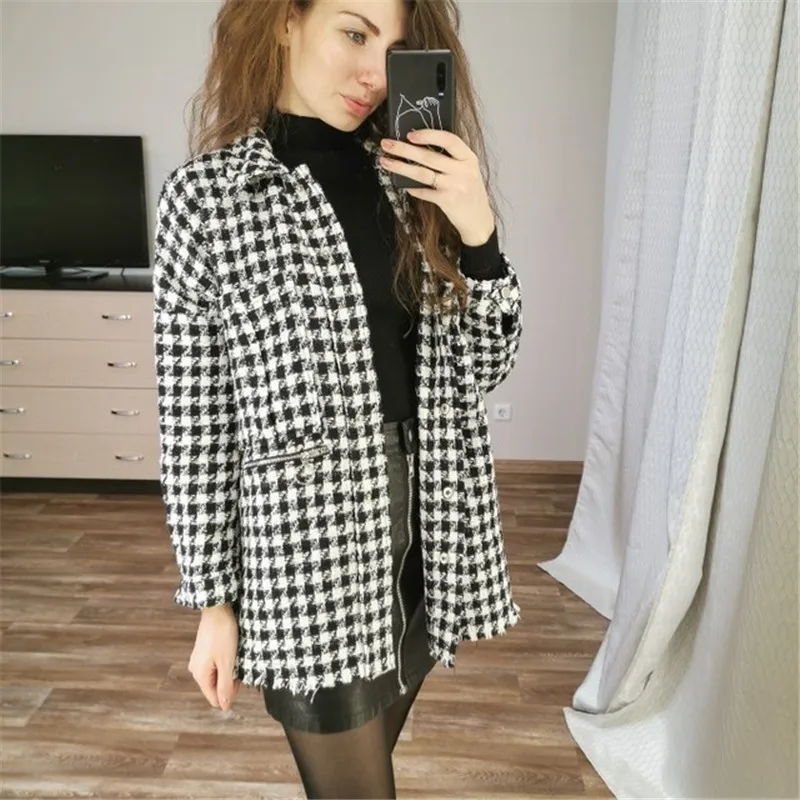GCAROL Женская клетчатая твидовая длинная негабаритная куртка пальто осень зима отложной воротник Асимметричная свободная трендовая клетчатая верхняя одежда