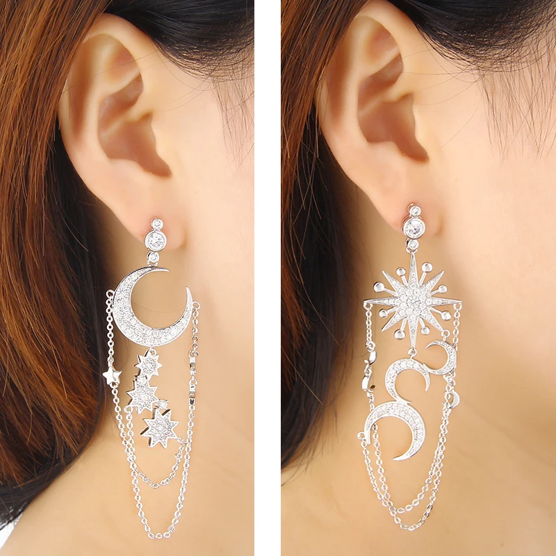LXOEN Romantic Luxury Moon Star Drop Earrings For Women Bohimian Beaded Blue CZ White Gold color Earing Bijoux E359 | Украшения и