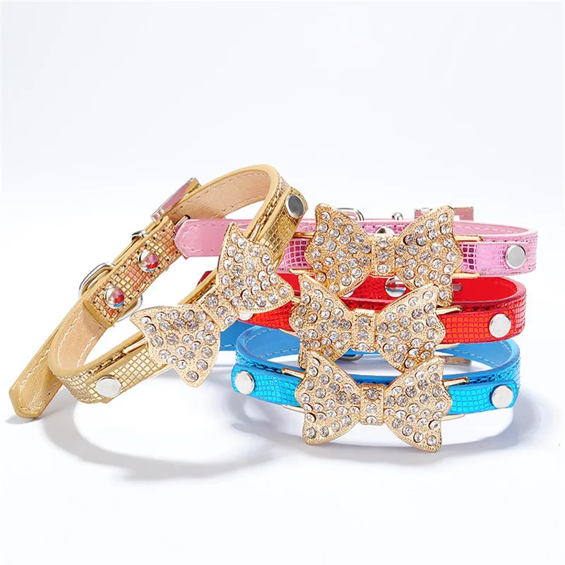 Rhinestone Dog Cat Collars Dogs Bling Crystal Bow PU Leather Dog Bow Tie Adjustable Kitten Collar Snake Pattern Dogs Accessories