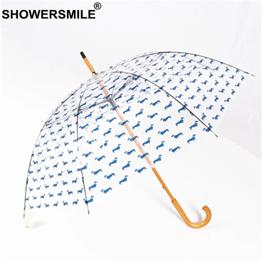 SHOWERSMILE Transparent Umbrella Rain Women Wooden Handle Parasol Dog Print Fashion Ladies Hanging Brand Adult Guarda Chuva