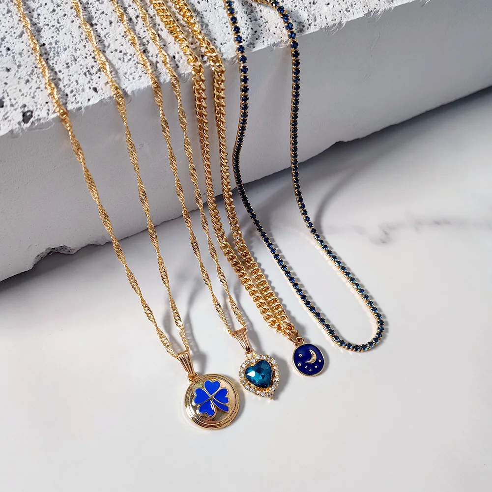 

Flatfoosie 2021 New Blue Star Moon Pendant Necklaces For Women Multilayer Shiny Heart Crystal Chain Necklace Trendy Jewelry Gift