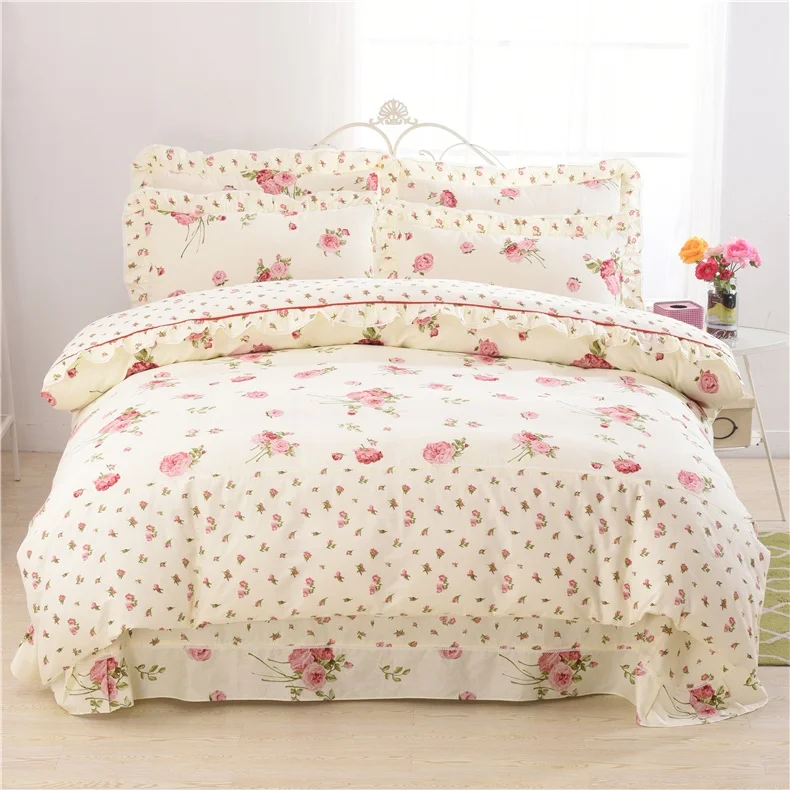 

Cotton Home Bedding Set Floral Print Duvet Cover Sheet Pillow Cases Four Pieces Flouncing Ruffle M32