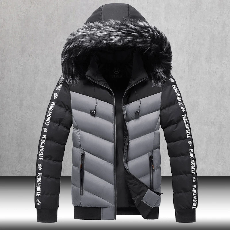 

Зимняя мужская куртка 2022 с меховым воротником, толстая теплая хлопковая верхняя одежда с капюшоном, Мужская парка и пальто в стиле пэчворк, ...