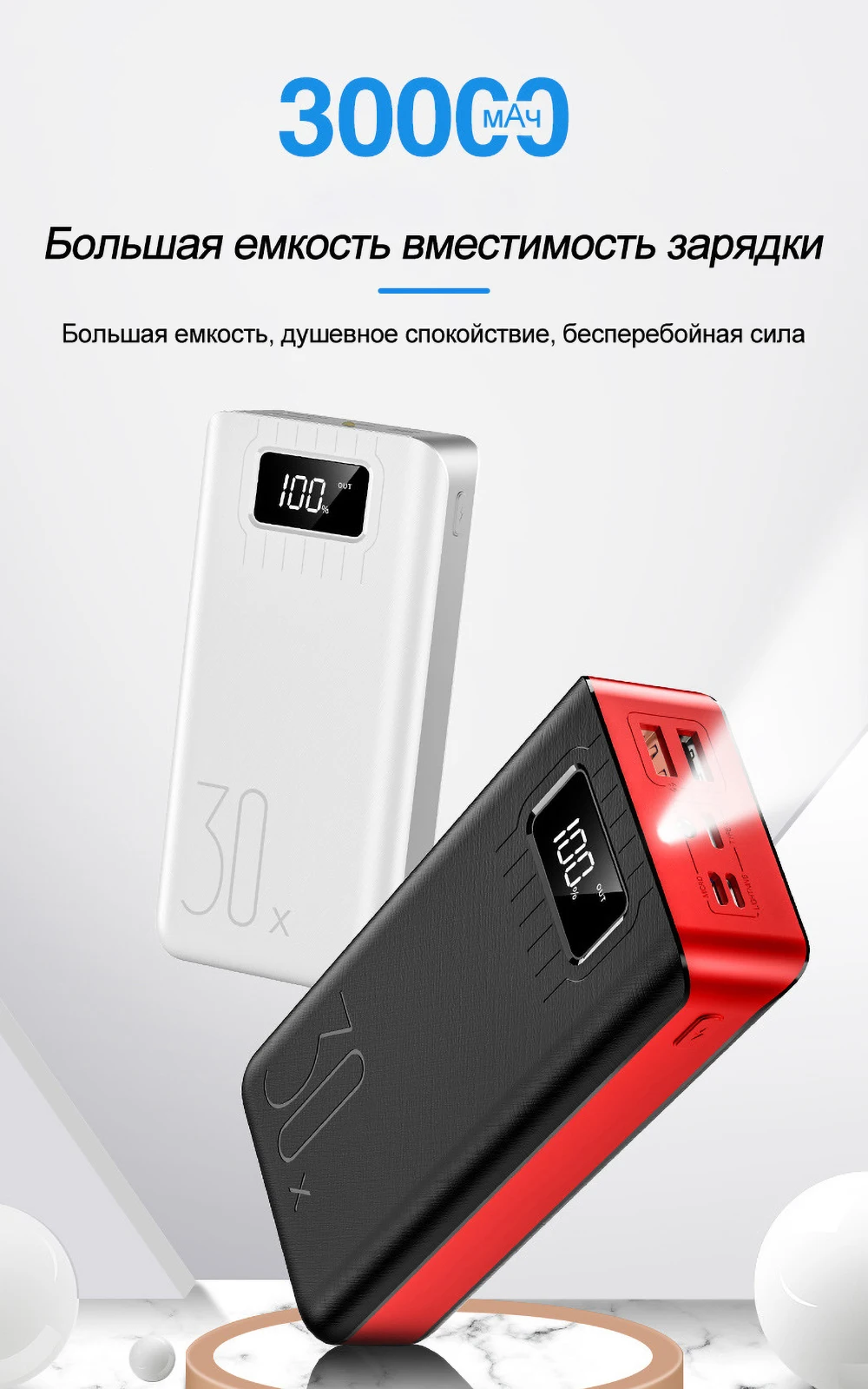 30000 мАч светодиодный внешний аккумулятор с дисплеем для iPhone, samsung, планшетов, внешний аккумулятор с двойным USB зарядным устройством, QC, быстрая зарядка, внешний аккумулятор