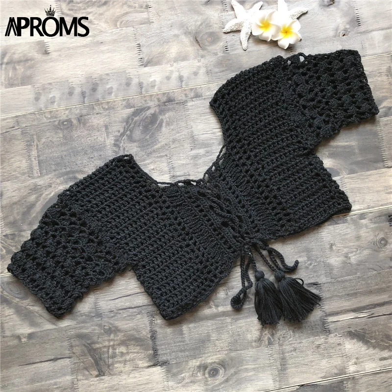Aproms, сексуальные вязаные топы на шнуровке, вязаные крючком, женская летняя пляжная одежда, бикини, укороченный топ, повседневная Открытая Майка, женские футболки - Цвет: Черный