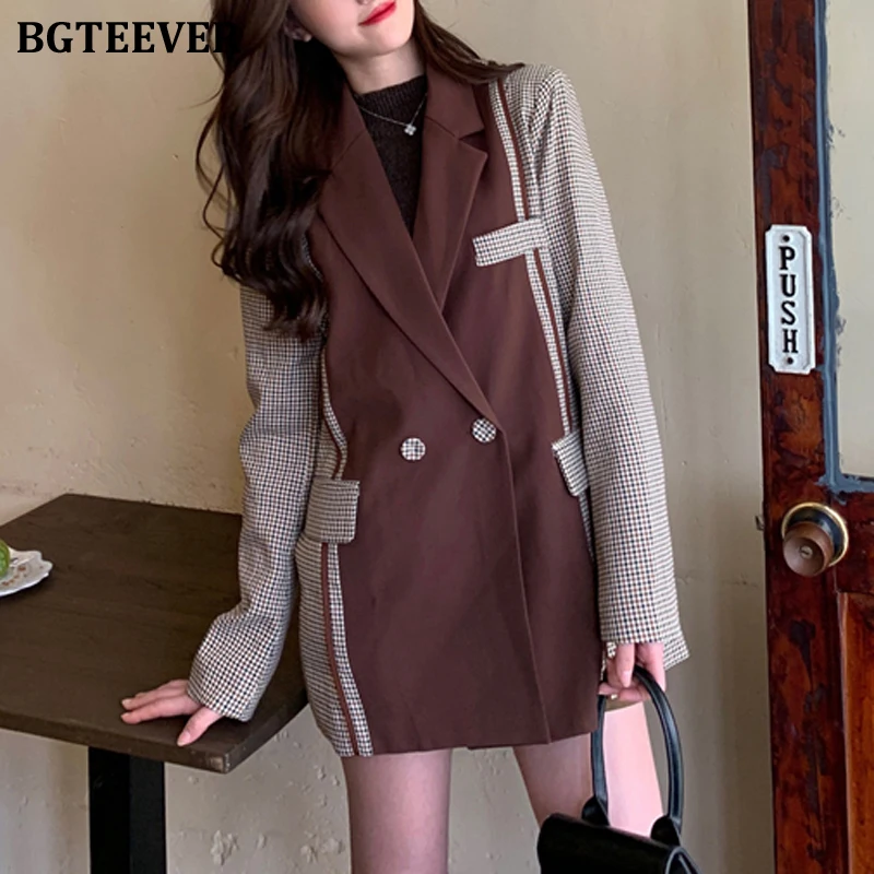 Винтажный клетчатый женский Блейзер BGTEEVER Модный костюм в стиле пэчворк куртка
