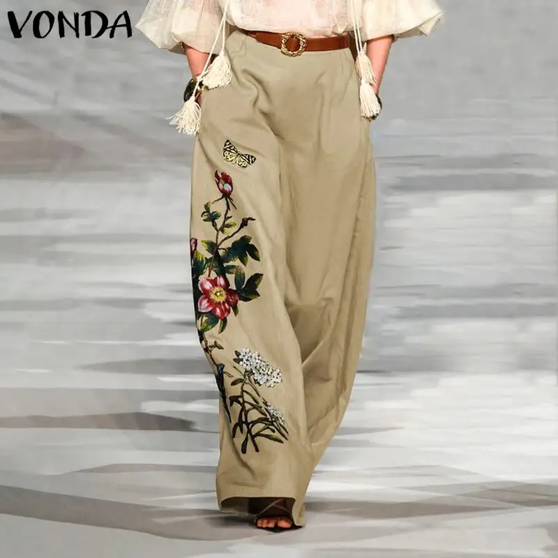 

VONDA Ladies Wide Leg Pants 2021 Summer High Waist Women's Trousers With Pockets Bohemian Party Vintage Printed Pantalon Femme