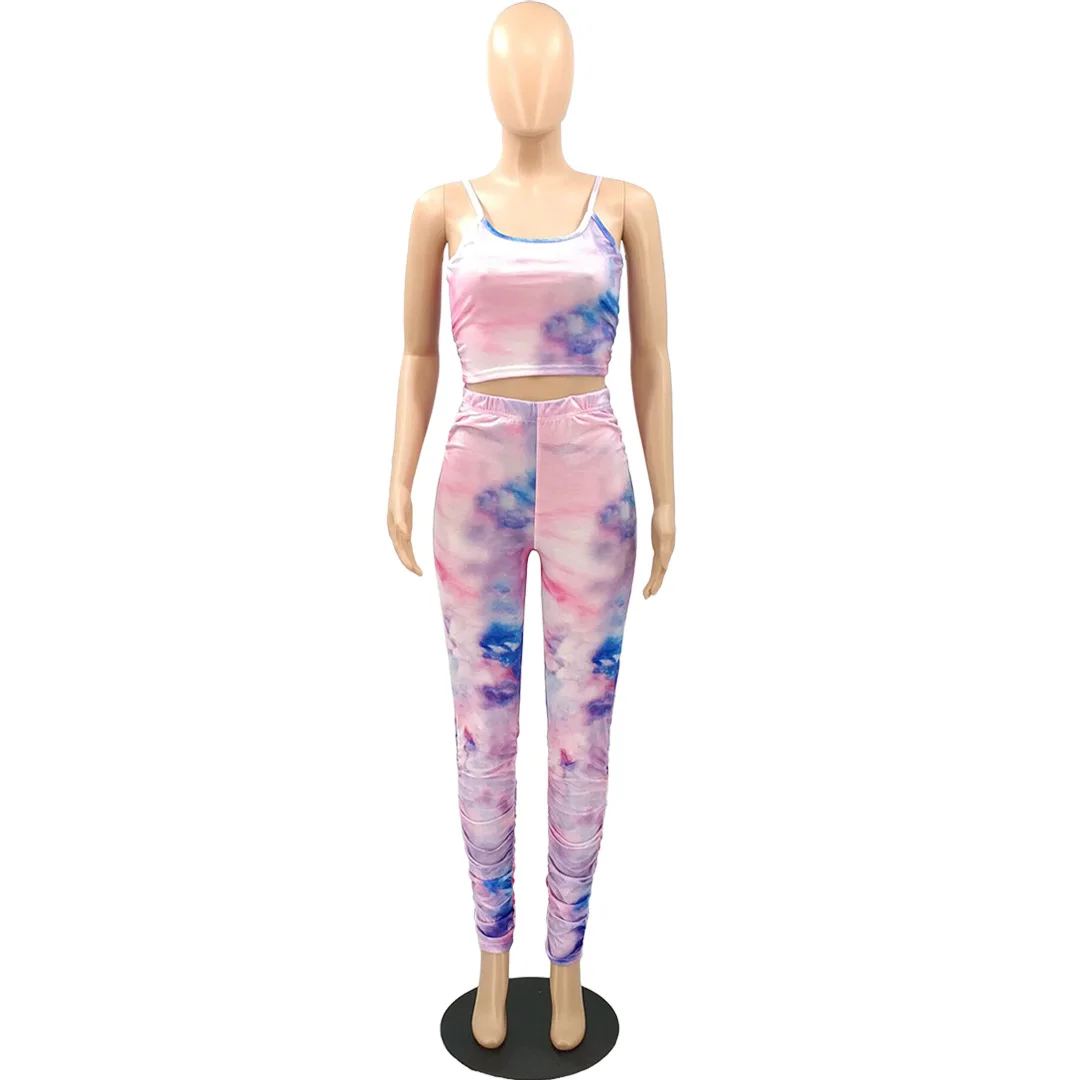

HAOOHU Tie Dye Print Two Piece Set Sport Tank Tops Stacked Leggings Jogger Suit Sweatsuit Matching Set Tracksuit Outfit