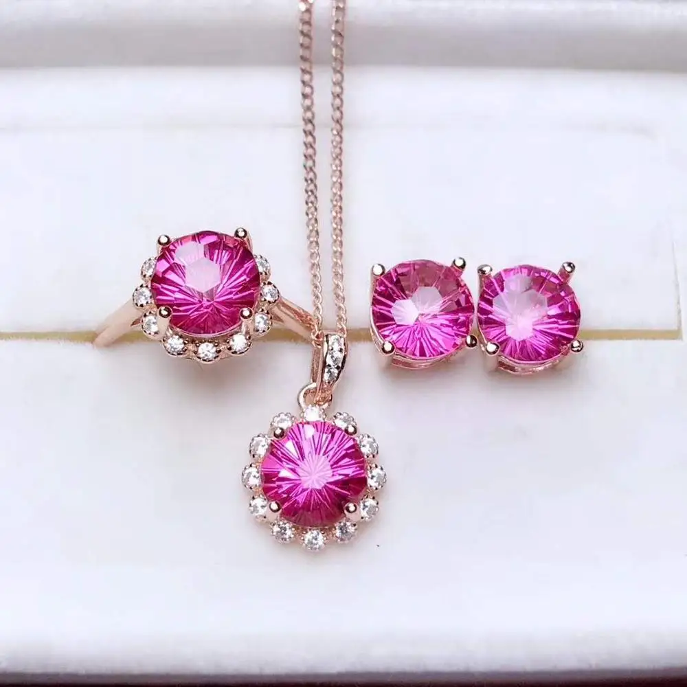 Женский Свадебный комплект из кольца сережек и ожерелья с розовым топазом