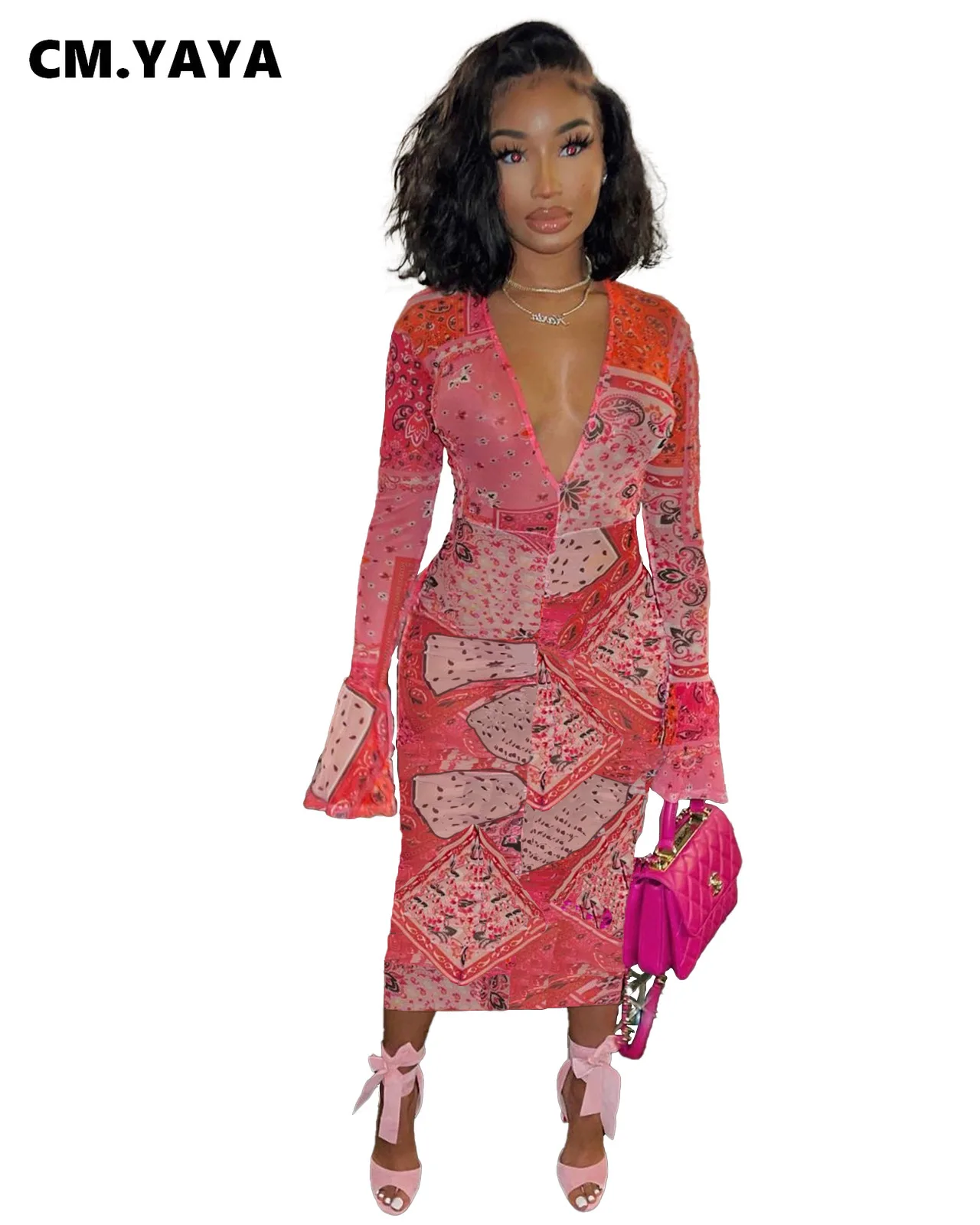 

CM.YAYA Autumn Women Midi Dress Mesh See Through Full Sleeve V-neck Stretchy Bodycon Dresses Party Night Club Street Vestidos
