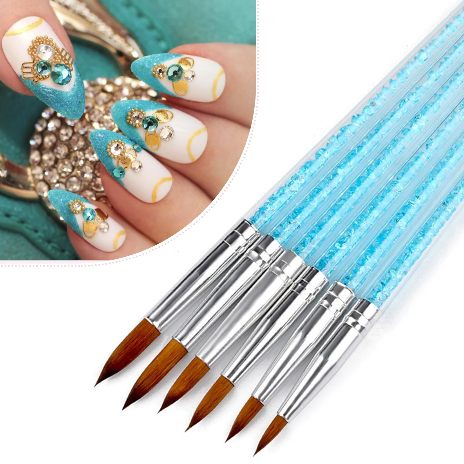 

6Pcs/set Nylon Hair Nail Brush Blue Rhinestone Handle Kolinsky Acrylic Brush Pen Nail Gel Builder Carving Dotting Drawing Tools