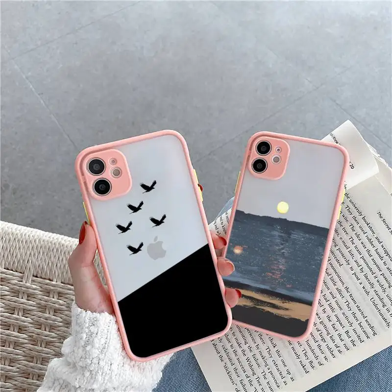 

Cartoon Animal Cat Scenery Phone Case For iPhone 12 11 Mini Pro XR XS Max 7 8 Plus X Matte transparent Pink Back Cover