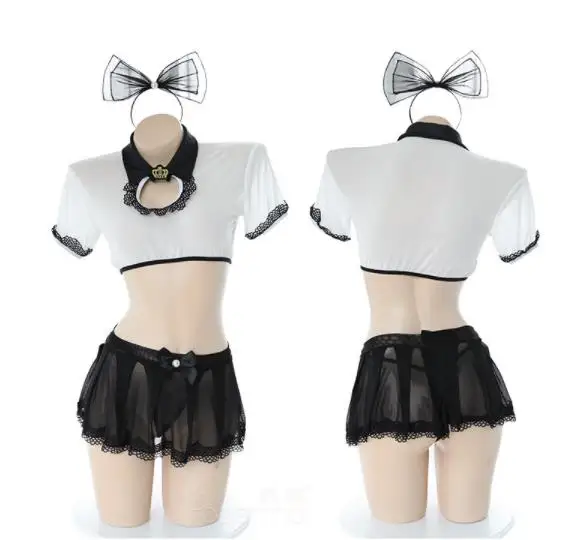 

Sexy Costumes Women Maid Cosplay Erotic Lingerie Low Chest Sheer Mesh Skirt Short Sleeve Shirt Set Elastic Sexy Underwear