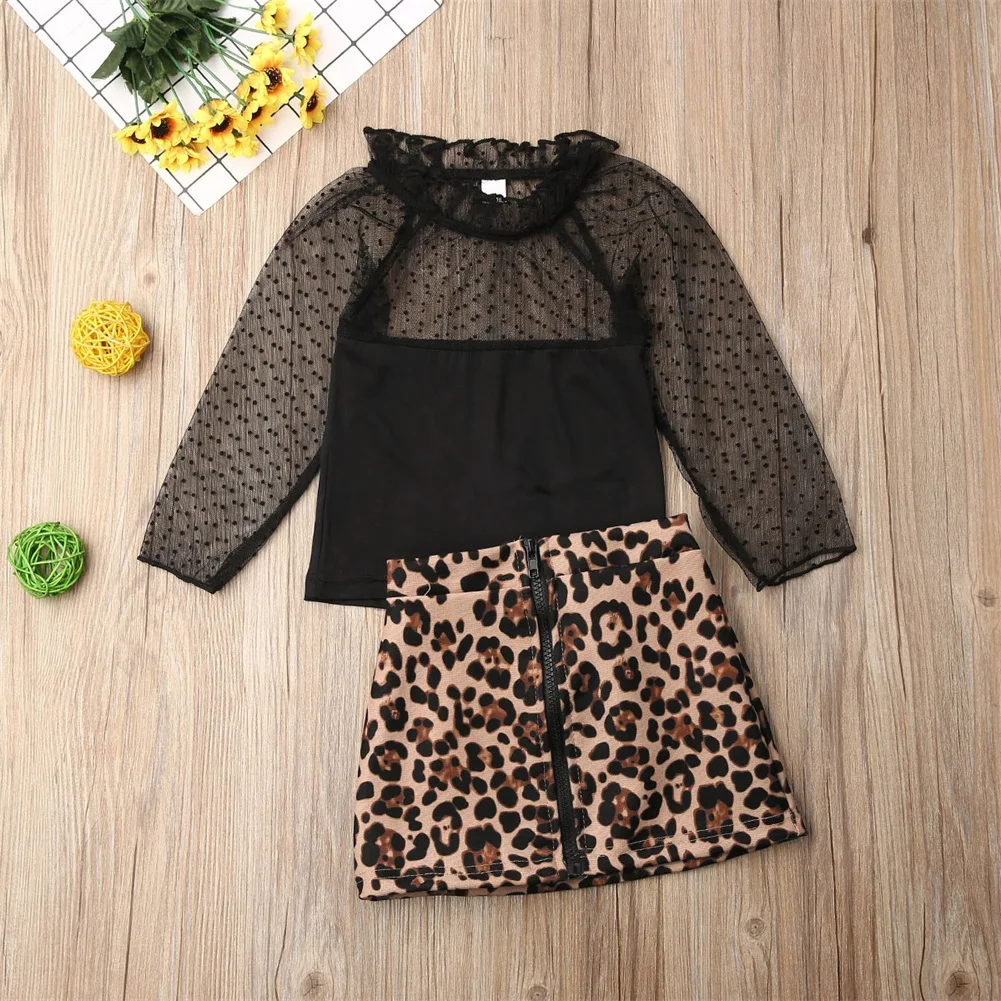 

Boutique Girl Clothes Toddler Baby Girls Clothes Lace Puff Sleeve Tops+ Leopard Skirt 2pcs Autumn Outfit 1-6Y