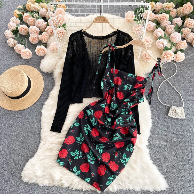 

SINESSD 2021 Summer Retro Print Dress Female Sunblock Long Sleeve Condole Belt Knitted Cardigan Jacket Two Pieces Suits