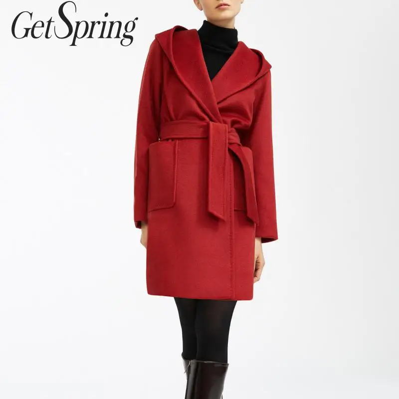 GETSPRING Женское пальто шерстяное черное верблюжье винтажное длинное женское новая