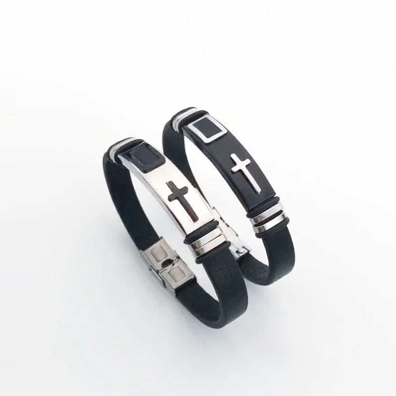 

Mens Leather Belt Watch Band Stainless Steel Cross Charm Christian Bracelet Adjustable Buckle Clasp