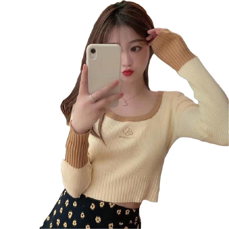 

CN 2020 Spring Autumn Sweater Women Fashion Korean Slim Fit Knitted O Neck Short Casual Splicing Women Sweater