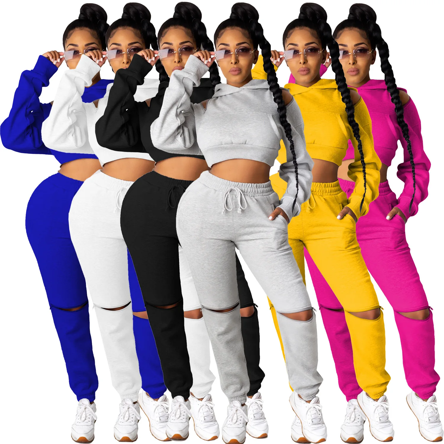 

Спортивный однотонный спортивный костюм на молнии с вырезами, женский укороченный топ с капюшоном и брюки-джоггеры, комплект из двух предме...