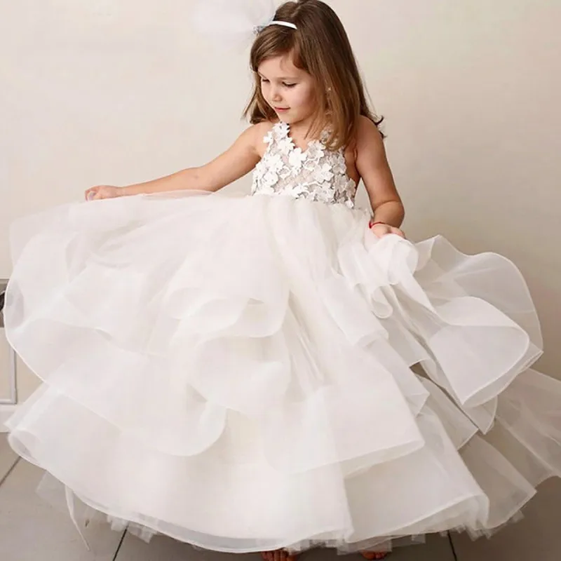 

Ball Gown Flower Girl Dresses Tiered Skirt First Communion Dresses For Girls Long Pageant Gowns White Ivory